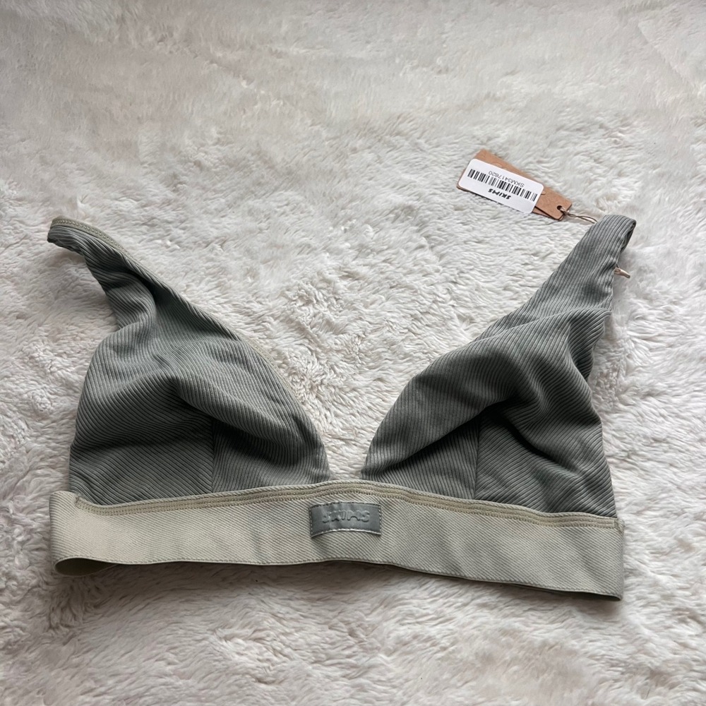 SKIMS Cotton Rib Plunge Bralette Mineral Green BR-PLG-0037 Womens Size Small NWT